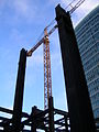 The crane and steel beams.