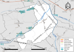 Carte en couleur présentant le réseau hydrographique de la commune