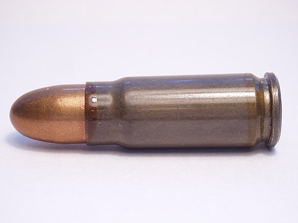 A steel-cased FMJ 7.62mm Tokarev cartridge