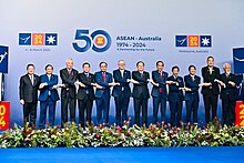 Anwar standing between Cambodian prime minister Hun Manet and Australian prime minister Anthony Albanese during the ASEAN-Australia Special Summit reception ASEAN-Australia Summit 2024.jpg