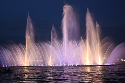 The fountain in waters of Neva River at the spit of Vasilievsky Island