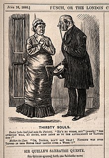 A doctor informs his patient's mother-in-law that he may need to resort to tapping - she misunderstands him as meaning tapping alcohol. Wood engraving by Charles Keene, 1880. A doctor informs his patient's mother-in-law that he may nee Wellcome V0011410.jpg