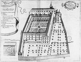 Planche gravée du XVIIe siècle représentant l'abbaye de Saint-Sever[5].