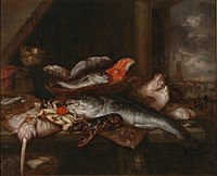 Still Life of Fish label QS:Lde,"Fischbank" label QS:Len,"Still Life of Fish" label QS:Lpl,"Martwa natura z rybą" label QS:Lnl,"Visstilleven" 1650-1670. oil on canvas medium QS:P186,Q296955;P186,Q12321255,P518,Q861259 . 125 × 153 cm (49.2 × 60.2 in). Dresden, Gemäldegalerie Alte Meister.