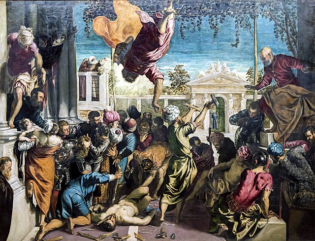 Miracle of the Slave by Tintoretto (c. 1548). The son of a master dyer, Tintoretto used Carmine Red Lake pigment, derived from the cochineal insect, t