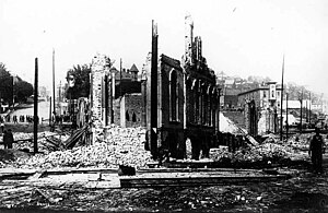 Aftermath of Seattle fire of June 6, 1889 looking east at the ruins of the Occidental Hotel at corner of James St. and Yesler Way. Aftermath of Seattle fire of June 6, 1889 (CURTIS 448).jpeg