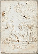 Paysage avec un satyre et une chèvre, Agostino Carracci (avant 1602)