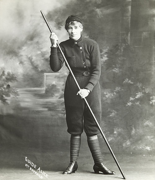 Mountain guide Alice Manfield with a long wooden walking pole in the early 1900s