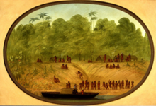 An Omagua village, painted by George Catlin between 1854 and 1896. An omagua village - boat sketch.PNG