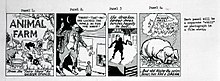 One of the Animal Farm cartoon strips commissioned and distributed by the IRD. This example was drawn by British cartoonist Norman Pett. Animal Farm strip cartoon.jpg