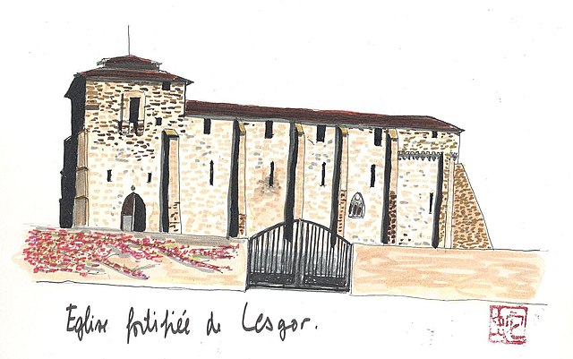 File:Aquarelle de l'église fortifiée de Lesgor.jpg