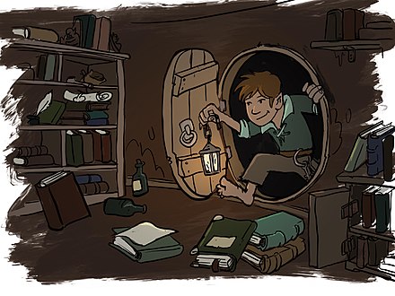 Dessin d'un hobbit pénétrant dans sa cave, une lanterne à la main