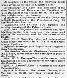 Toasts made in South Carolina on the Fourth of July 1860 include the language "Southern Confederacy," applaud the collapse of the Charleston convention, endorse the Breckinridge-Lane ticket, and deem Lincoln a "Black Republican" (Charleston Daily Courier, July 16, 1860) At Lenud s on the Santee the following toasts were given.jpg