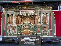The Dutch street organ Australia Fair, viewed from the front on a street corner in Sydney, Australia.