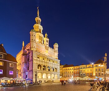 Blue hour HDR shot of the Poznań Town Hall (known in Polish as Ratusz), a historic building in the city of Poznań, in Greater Poland in the west of the country. The building is located at the Poznań Old Town in the centre of Old Market Square (in Polish Stary Rynek). It used to be the seat of local government until 1939, but it houses now a museum. The town hall was originally built in the late 13th century following the founding of the medieval city in 1253, and was rebuilt in roughly its present-day form, in mannerist style by Giovanni Battista di Quadro in 1550–1560.