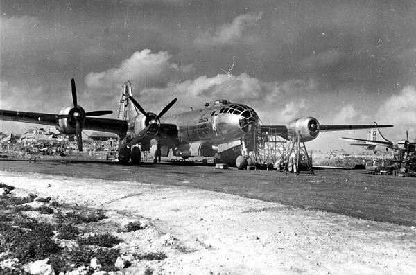 A B-29 undergoing maintenance on Saipan