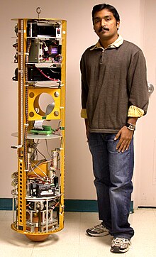 The CMU Ballbot, the first successful ballbot, built by Prof. Ralph Hollis (not in picture) at Carnegie Mellon University, USA in 2005 Ballbot CMU 2008.jpg