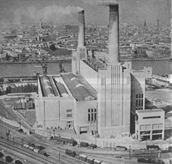 Battersea A Power Station, completed in 1934 Battersea Power Station, 1934 with only two chimneys (Our Generation, 1938).jpg