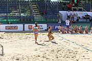 Deutsch: Beachhandball Europameisterschaften 2019 (Beach handball Euro); Tag 2: 3. Juli 2019 – Frauen, Vorrunde Gruppe C, Spanien-Griechenland 2:1 (12:20, 18:16; 8:2) English: Beach handball Euro; Day 2: 3 July 2019 – Women Preliminary Round Group C – Spain-Greece 2:1 (12:20, 18:16; 8:2)