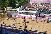 Deutsch: Beachhandball bei den Olympischen Jugendspielen 2018; Tag 3, 9. Oktober 2018; Jungs, Vorrunde, Gruppe B - Argentinien-Hongkong 2:0 English: Beach handball at the 2018 Summer Youth Olympics at 9 October 2018 – Girls Preliminary Round Group B – Argentina-Hing Kong 2:0