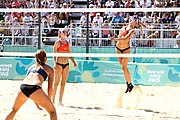 Deutsch: Beachvolleyball bei den Olympischen Jugendspielen 2018; Tag 9, 15. Oktober 2018; Mädchen, Viertelfinale: USA-Spanien 2–1 (21–19/17–21/15–9) English: Beach volleyball at the 2018 Summer Youth Olympics at 15 October 2018 – Girls Quarterfinals: USA-Spain 2–1 (21–19/17–21/15–9)