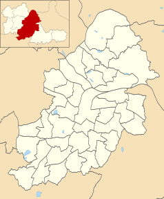 Mapa konturowa Birmingham, na dole nieco na lewo znajduje się punkt z opisem „Bournville”