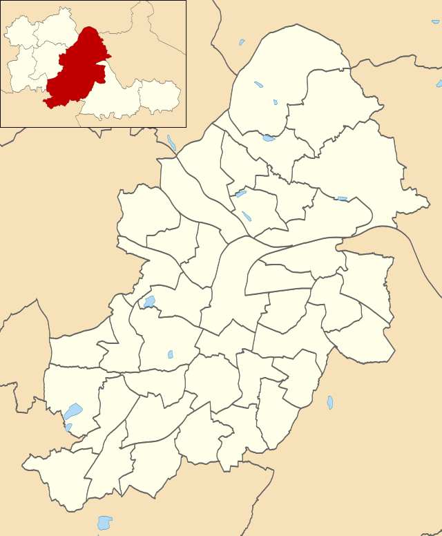 Mapa konturowa Birmingham, w centrum znajduje się punkt z opisem „Katedra świętego Filipa”