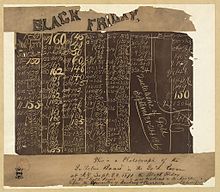 Un tableau noir avec des colonnes de nombres. Un bandeau indique Black Friday et une note manuscrite est rajoutée