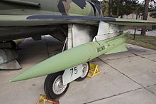 Inert training version of Robot 05 under the wing of an AJ 37 Viggen. In service the RB05 was traditionally not mounted on the outer pylons for aiming reasons. Blind RB05.jpg