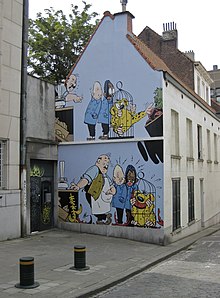 Le Marsupilami de Jijé, avec Blondin et Cirage, sur un mur de Bruxelles.
