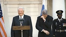 Boris Yeltsin and Bill Clinton share a laugh in October 1995. Boris Yeltsin with Bill Clinton-1.jpg