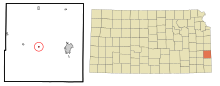 Bourbon County Kansas Sisällytetyt ja rekisteröimättömät alueet Redfield Highlighted.svg