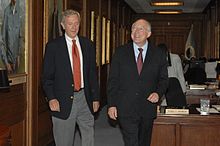 Babbitt with then-Secretary of the Interior Ken Salazar at the department's headquarters in Washington, D.C. Bruce Babbitt and Ken Salazar.jpg