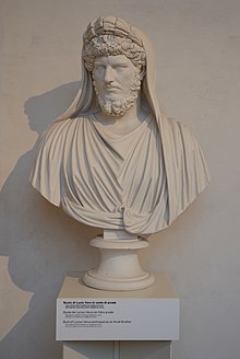 Bust of Lucius Verus wearing the headdress of an "Arval brother," who honoured Dea Dia at Ambarvalia. Bust of Lucius Verus portrayed as a arval brother.jpg