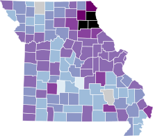 COVID-19 rolling 14day Prevalence in Missouri by county.svg