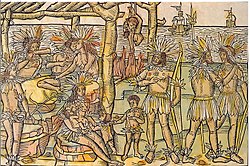 The first known depiction of cannibalism in the New World. Germany, c. 1505, People of the Islands Recently Discovered.... Woodcut by Johann Froschauer for an edition of Amerigo Vespucci's Mundus Novus. Cannibalism in the New World, from Vespucci.jpg