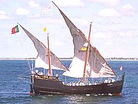Modern reconstruction of a Caravel )Caravela Latina), which starting in the 13th century carried commercial cargoes across the Mediterranean Sea Caravel Boa Esperanca Portugal.jpg