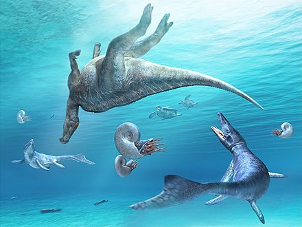Restoration of two Mesodermochelys (middle) and other sea creatures swimming around a Kamuysaurus carcass