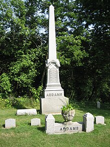 Jane Addams' Burial Site is marked with an obelisk which underwent a restoration in 2004. Her grave is the rectangular tombstone to the left of the obelisk. Cedarville Il Jane Addams Grave2.jpg