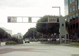 The Towne Center has a decorative paving at the intersection.