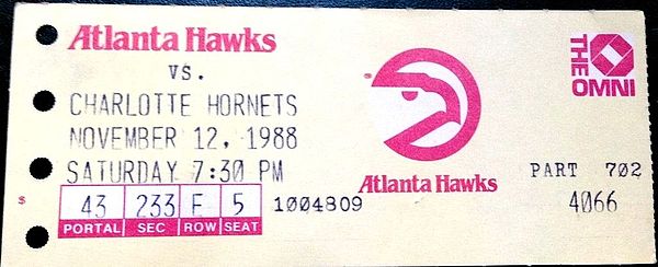 A ticket for a November 1988 game between the Hawks and the Charlotte Hornets.