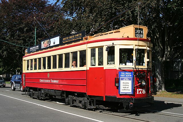 Vintage Christchurch Boon-built Tram No 178 on the Christchurch Tramway.
