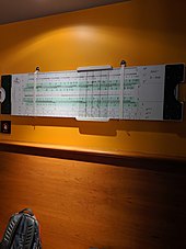 A classroom-sized demonstrator slide rule (backpack shown for scale) Comically large slide rule, MIT Museum.jpg