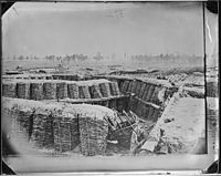 Fascine Trench Breastworks, Petersburg, Va. – NARA – 524792. Although identified as Confederate Trenches this is actually Union Fort Sedgwick aka "Fort Hell" which was opposite Fort Mahone aka "Fort Damnation"[94]