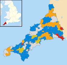 Cornwall Council Electoral Divisions map as of May 2021 Cornwall Council political divisions May 2021 map.svg