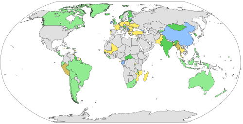 Map showing countries that have had women elected or appointed as heads of state or government since 1950