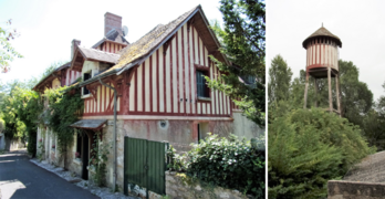 Farbfotomontage eines rotbraunen Fachwerkhauses und einer Zisterne im gleichen Stil auf einem Metallrahmen.