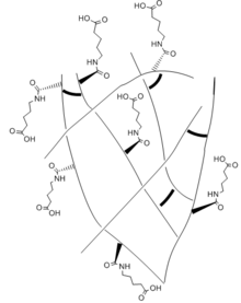 An example of a dangling chain self healing hydrogel network. The carboxylic acid tail groups react with one another to crosslink the backbone carbon chain of the self healing hydrogel. In addition, the hydrophilic functional groups ensure the network readily absorbs water. Crosslinked Self-healing Hydrogel network.PNG