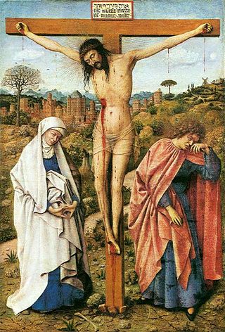 <i>Christ on the Cross with the Virgin and Saint John</i> Painting attributed to the workshop of Jan van Eyck