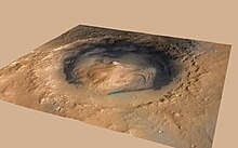 Aeolis Mons rises from the middle of Gale Crater - Green dot marks the Curiosity rover landing site in Aeolis Palus - North is down Curiosity Cradled by Gale Crater.jpg